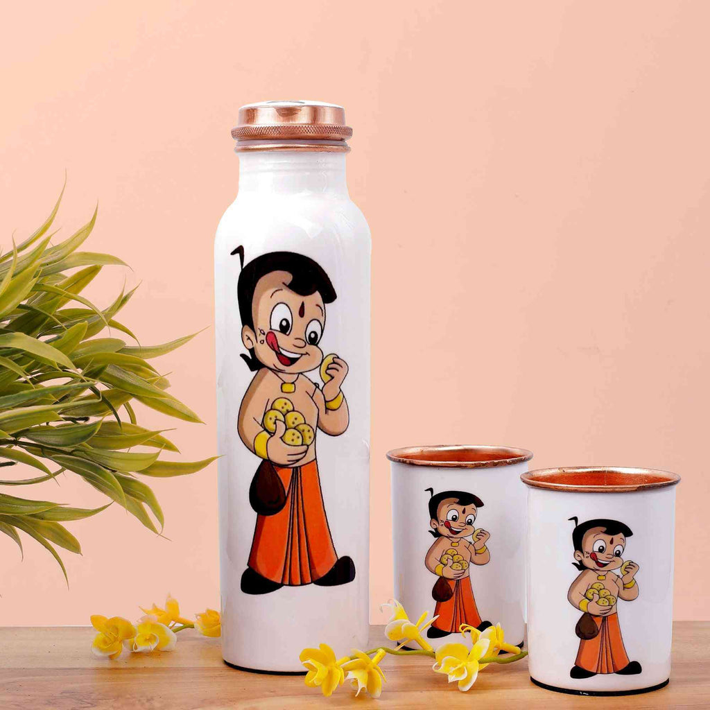 Playful Chhota Bheem Copper Bottle & Tumblers' Set - The Sundook