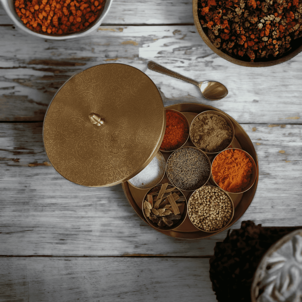 Pure Brass Engraved Spice Box (Masala Daani) - The Sundook